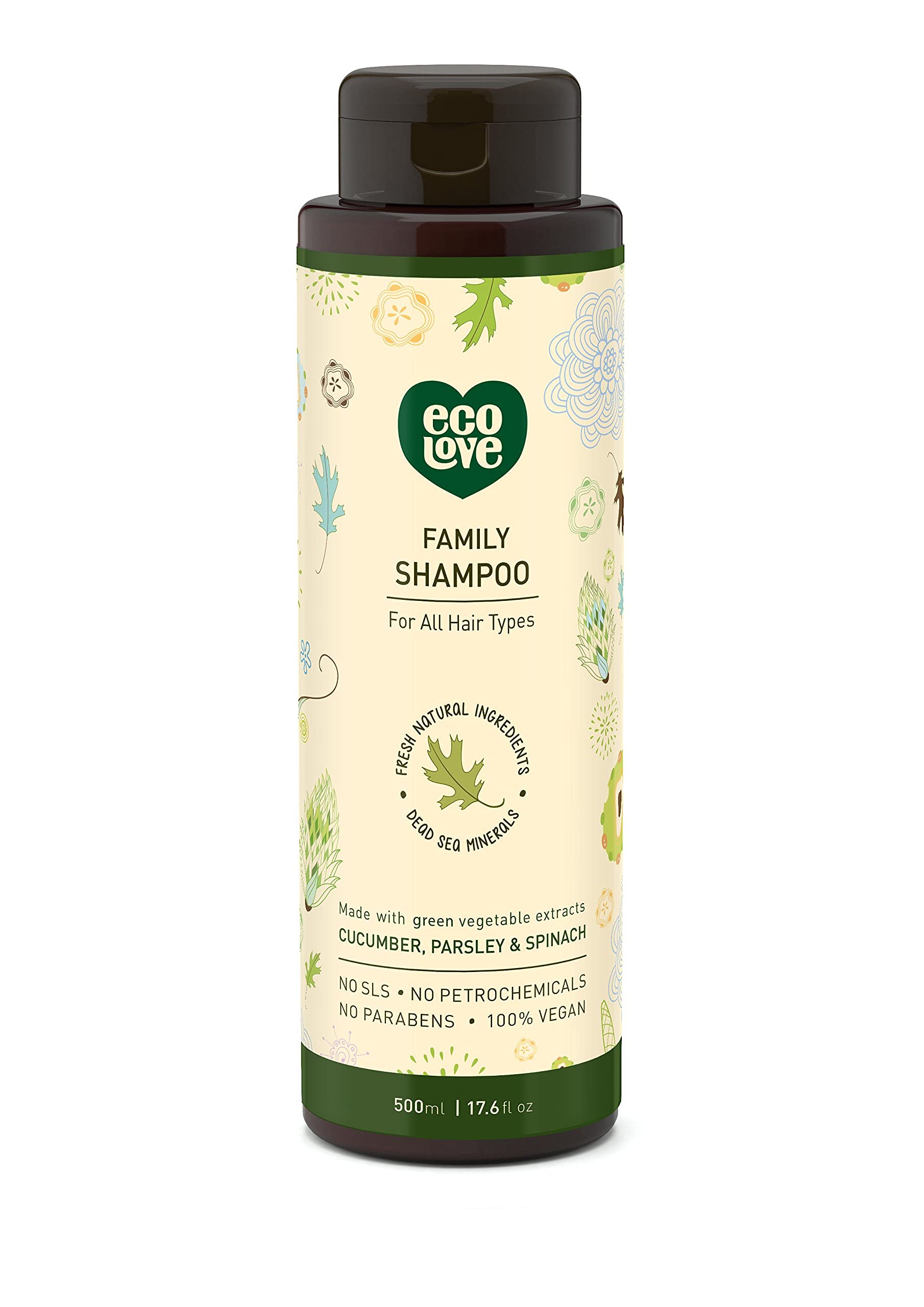 EcoLove natural shampoo bottle highlights sulfate-free vegan formula for all hair types.
