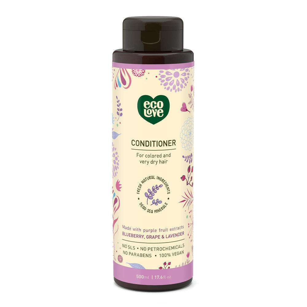 ecolove purple collection conditioner bottle promotes color-safe nourishment and detangling.