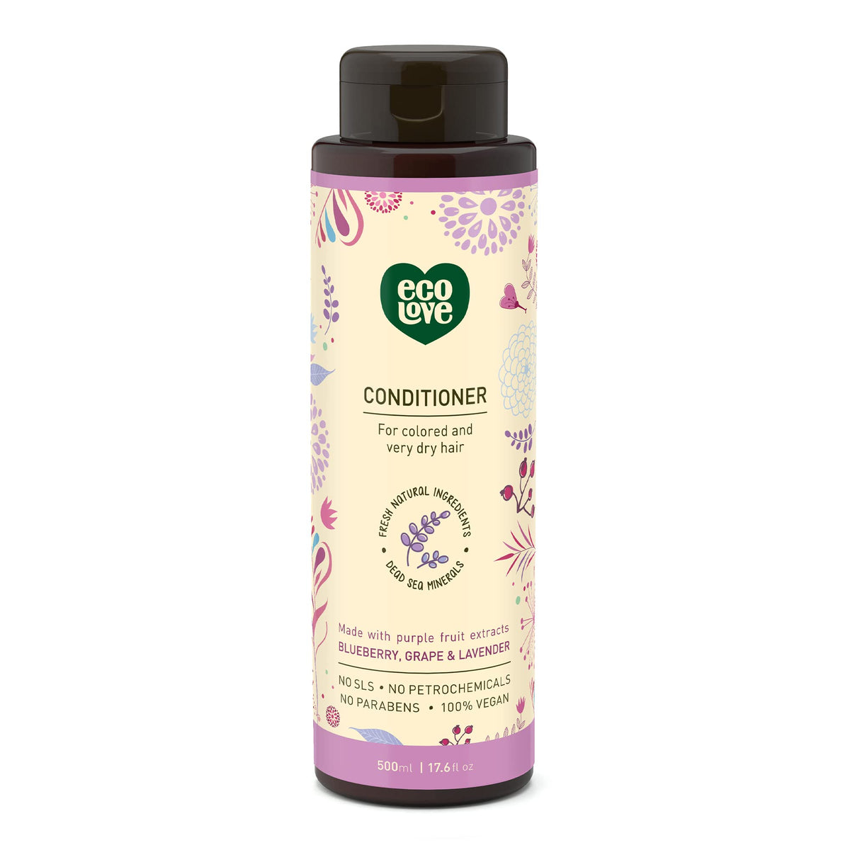 ecolove purple collection conditioner bottle promotes color-safe nourishment and detangling.