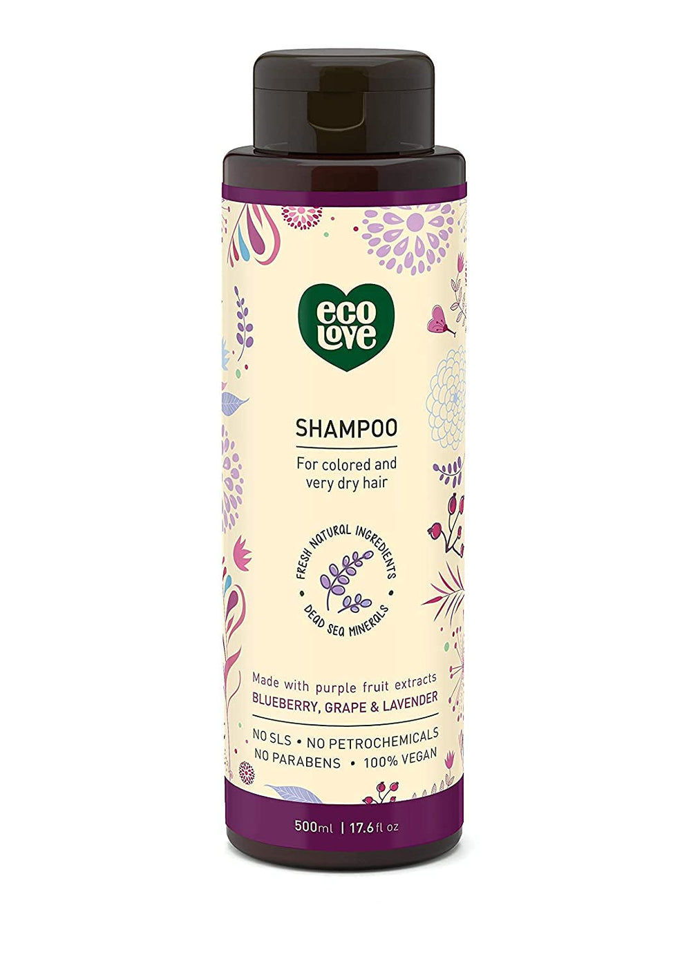 ecoLove Purple Collection shampoo bottle highlights SLS-free formula for color-treated hair.