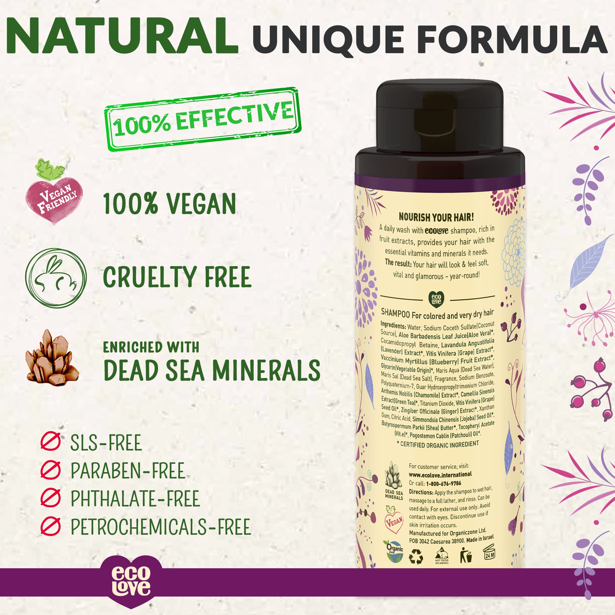 ecoLove Purple Collection shampoo lavender drops image suggests relaxing scent and gentle cleansing.