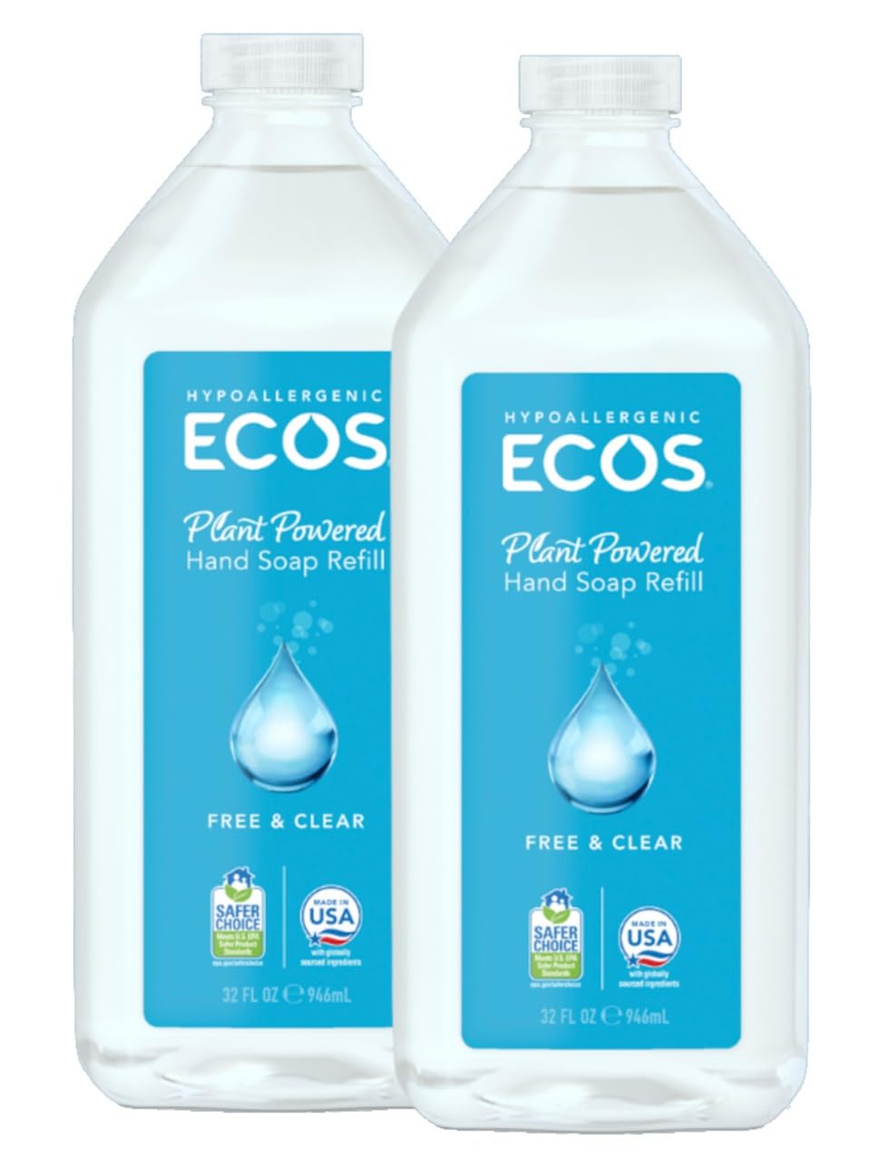 ECOS Free and Clear refill hand soap bottles ready for eco-friendly refills.