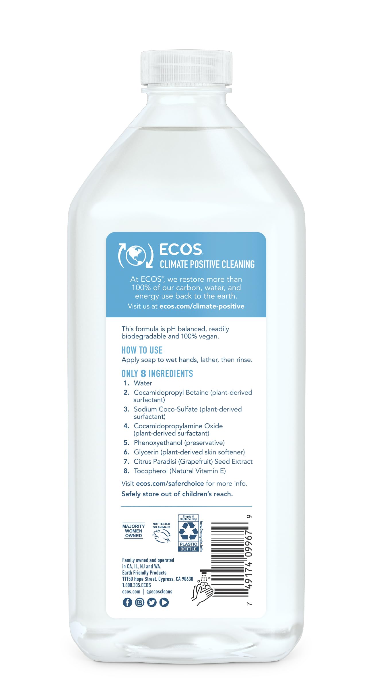ECOS hand soap Free N Clear packaging illustrating refill-ready design for simple, sustainable use