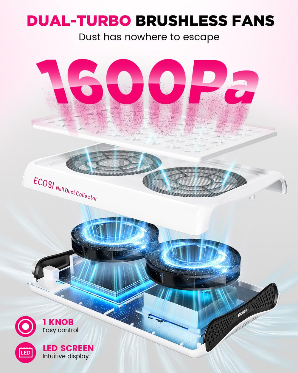 ECOSI nail dust collector showing 1600PA suction for rapid dust capture during nail art.