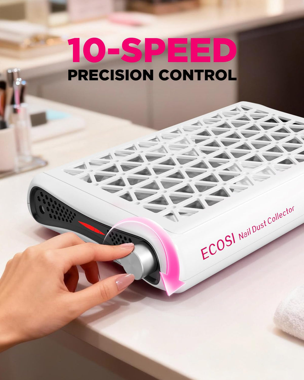 ECOSI nail dust collector highlighted with one knob operation for precise suction control.