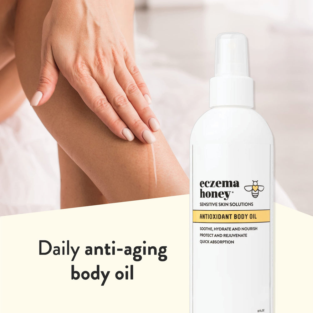 ECZEMA HONEY antioxidant body oil after-shower use supports sensitive skin hydration.
