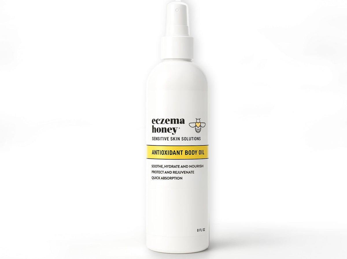 ECZEMA HONEY antioxidant body oil bottle for daily eczema-prone skin hydration.