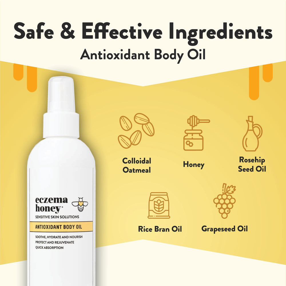 ECZEMA HONEY antioxidant body oil spray-dispense enables easy after-shower use.