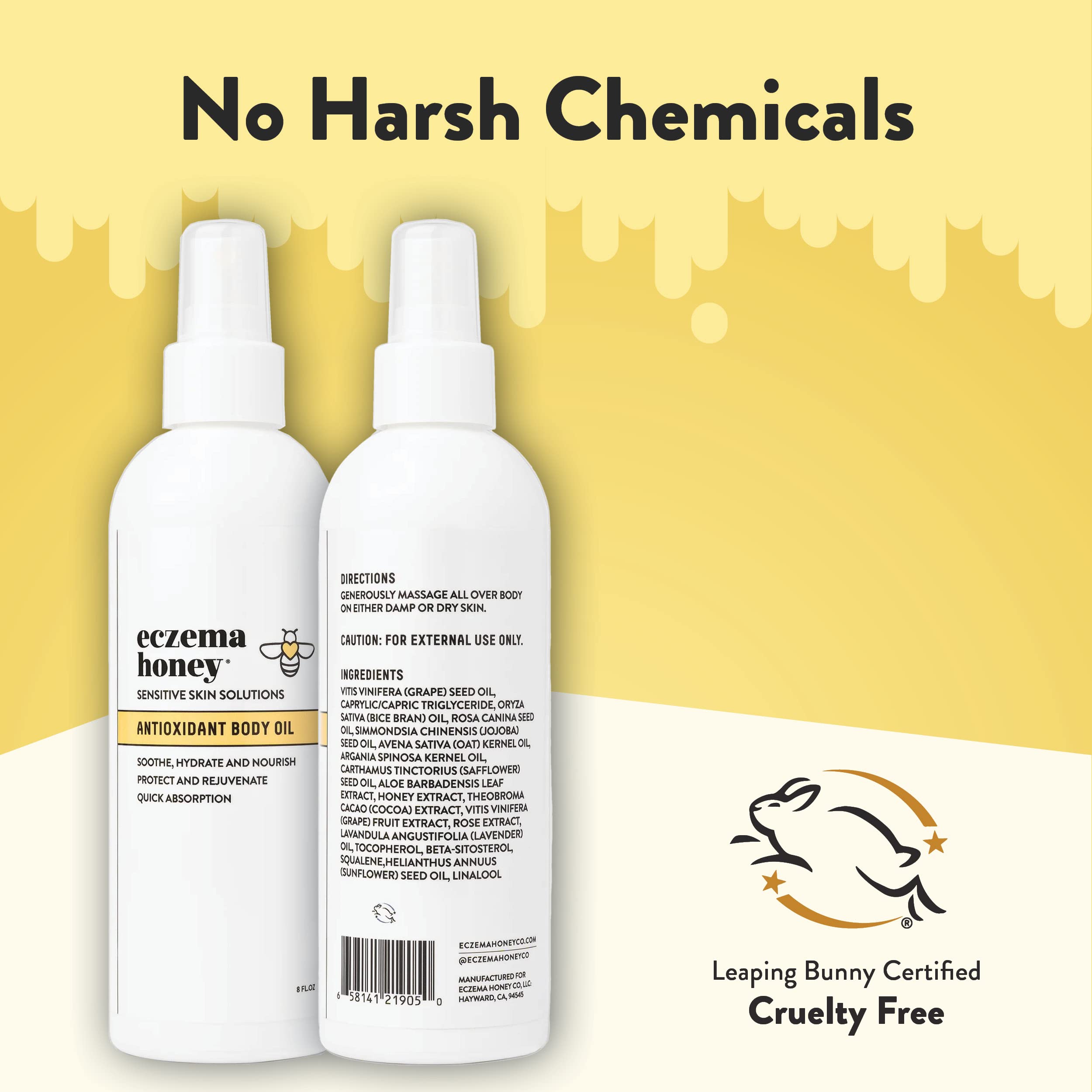 ECZEMA HONEY antioxidant body oil texture close-up reveals lightweight, non-greasy feel.