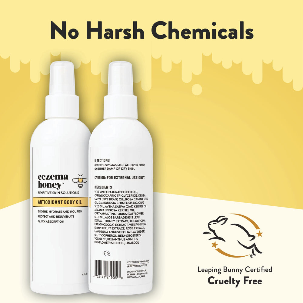 ECZEMA HONEY antioxidant body oil texture close-up reveals lightweight, non-greasy feel.