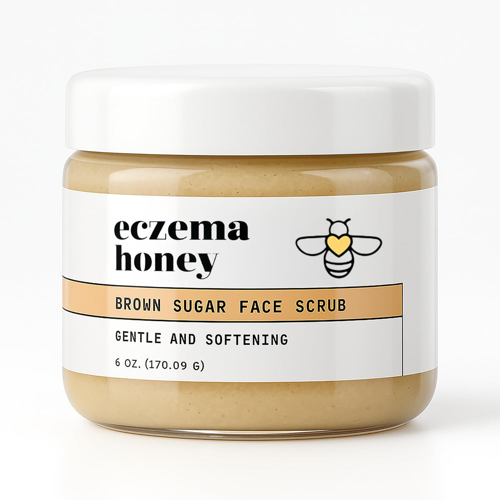 ECZEMA HONEY brown sugar scrub jar application shows gentle exfoliation for smoother skin