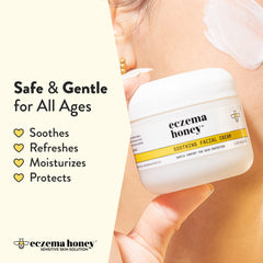 ECZEMA HONEY face cream jar showcased for gentle eczema relief on cheeks and face