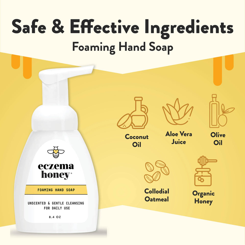 Eczema Honey bottle shows fragrance-free formula with hydrating oils