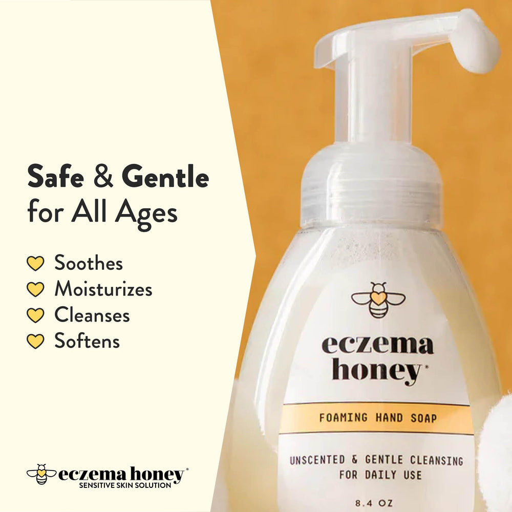 Eczema Honey foam lather demonstrates light, cleaning foam for sensitive skin