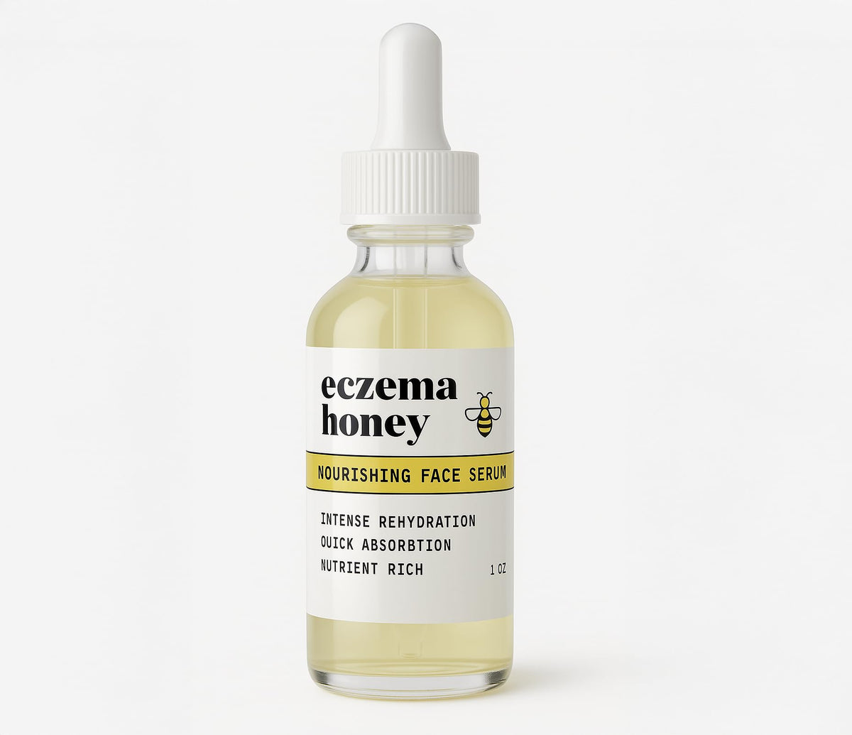 ECZEMA HONEY Nourishing Face Serum bottle closeup highlighting lightweight hydration for daily use