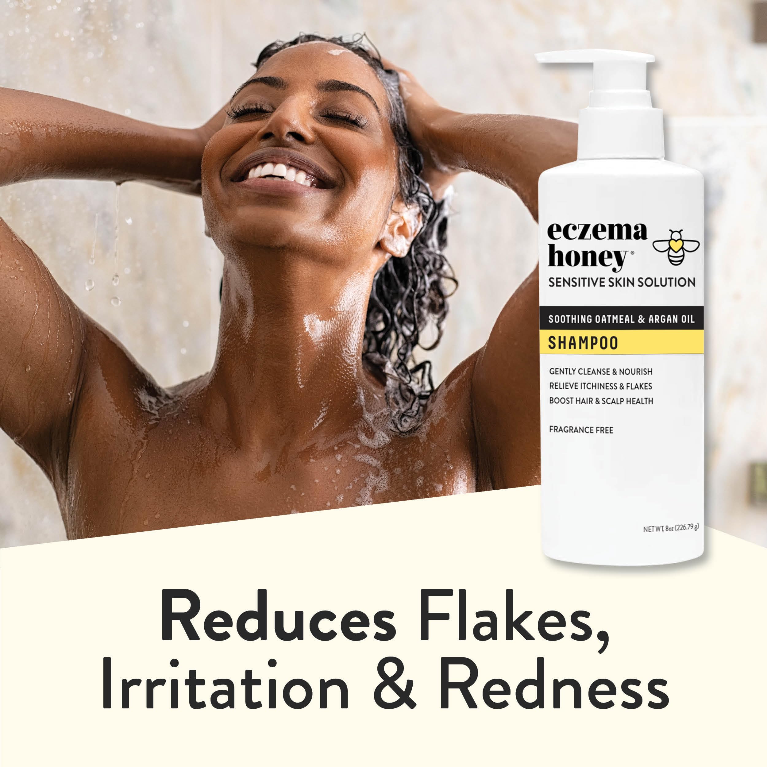 ECZEMA HONEY Nourishing Shampoo daily-use scene for sensitive skin care.