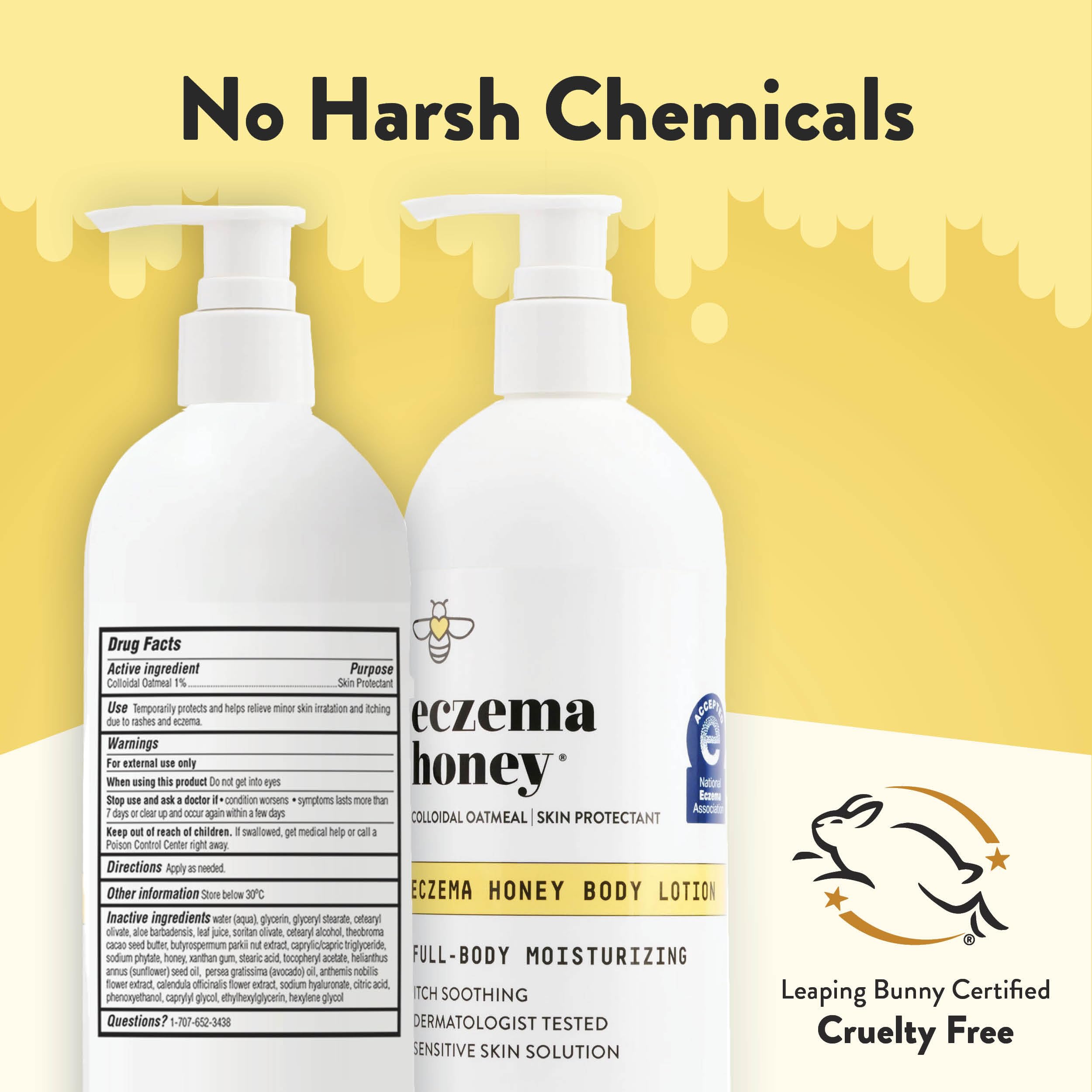 ECZEMA HONEY Oatmeal Body Lotion packaging highlights eco-conscious 16 oz jar.