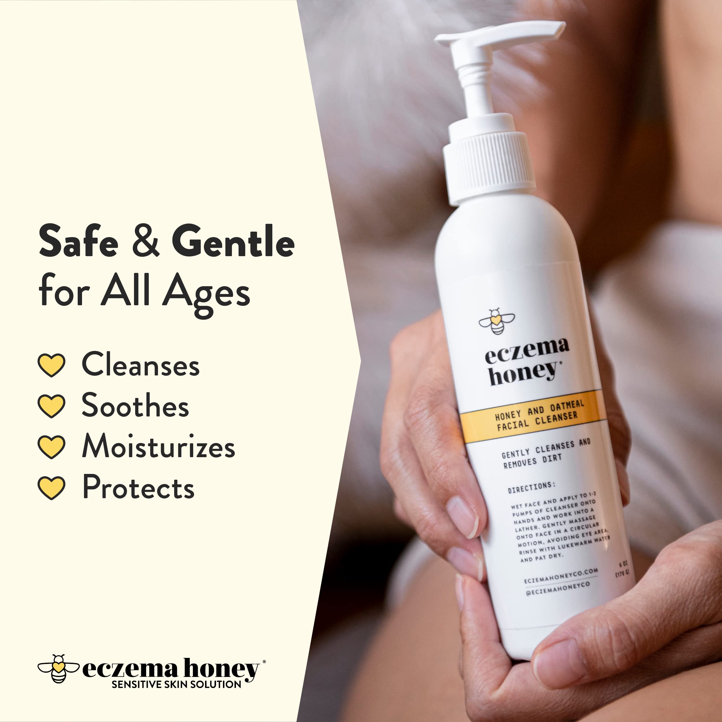 ECZEMA HONEY Oatmeal Facial Cleanser ingredients shot featuring honey, oats, and aloe for gentle hydration