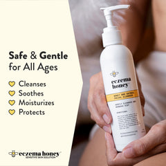 ECZEMA HONEY Oatmeal Facial Cleanser ingredients shot featuring honey, oats, and aloe for gentle hydration