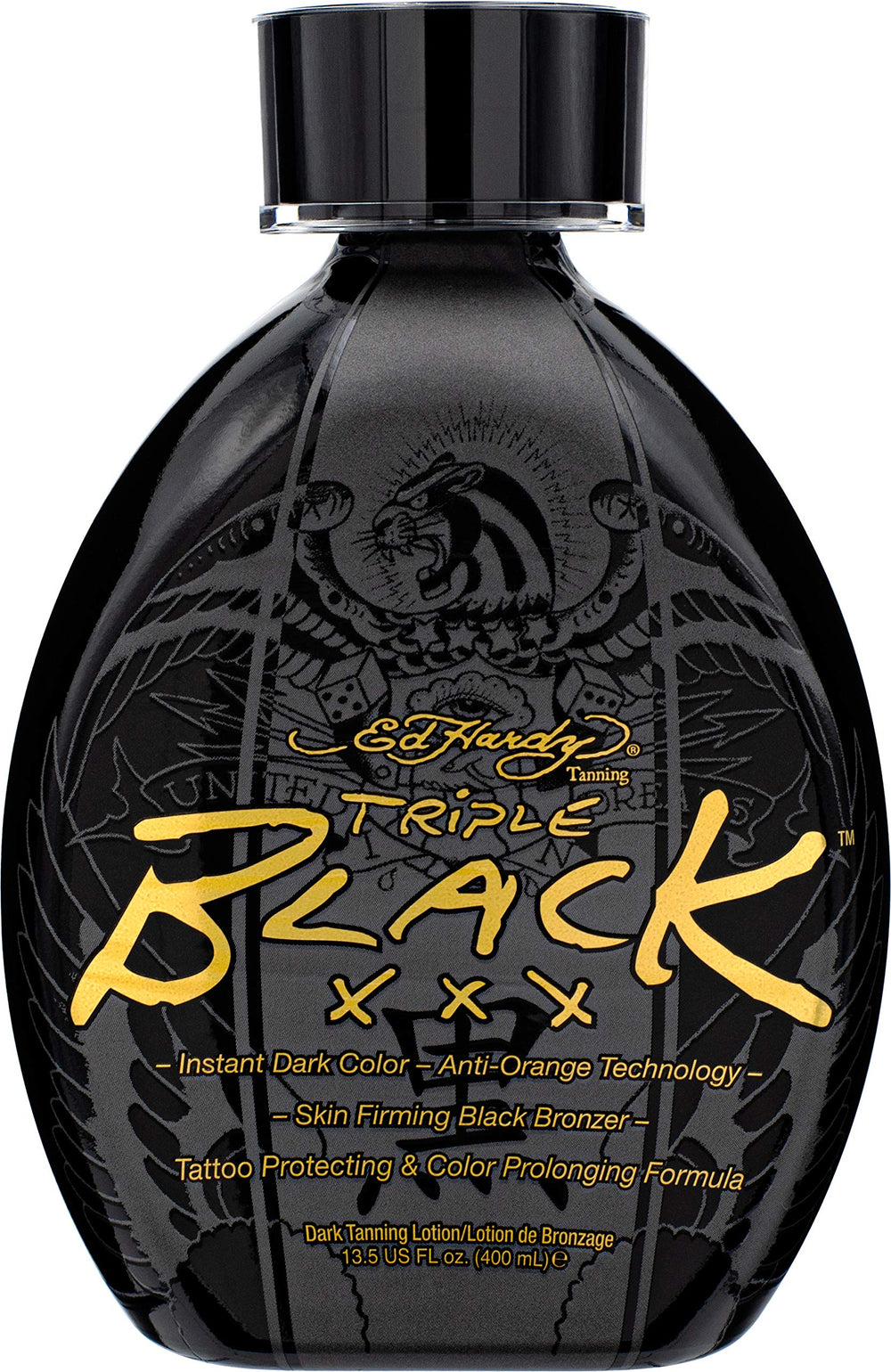 ED HARDY Black XXX tanning lotion bottle front showing deep, even color