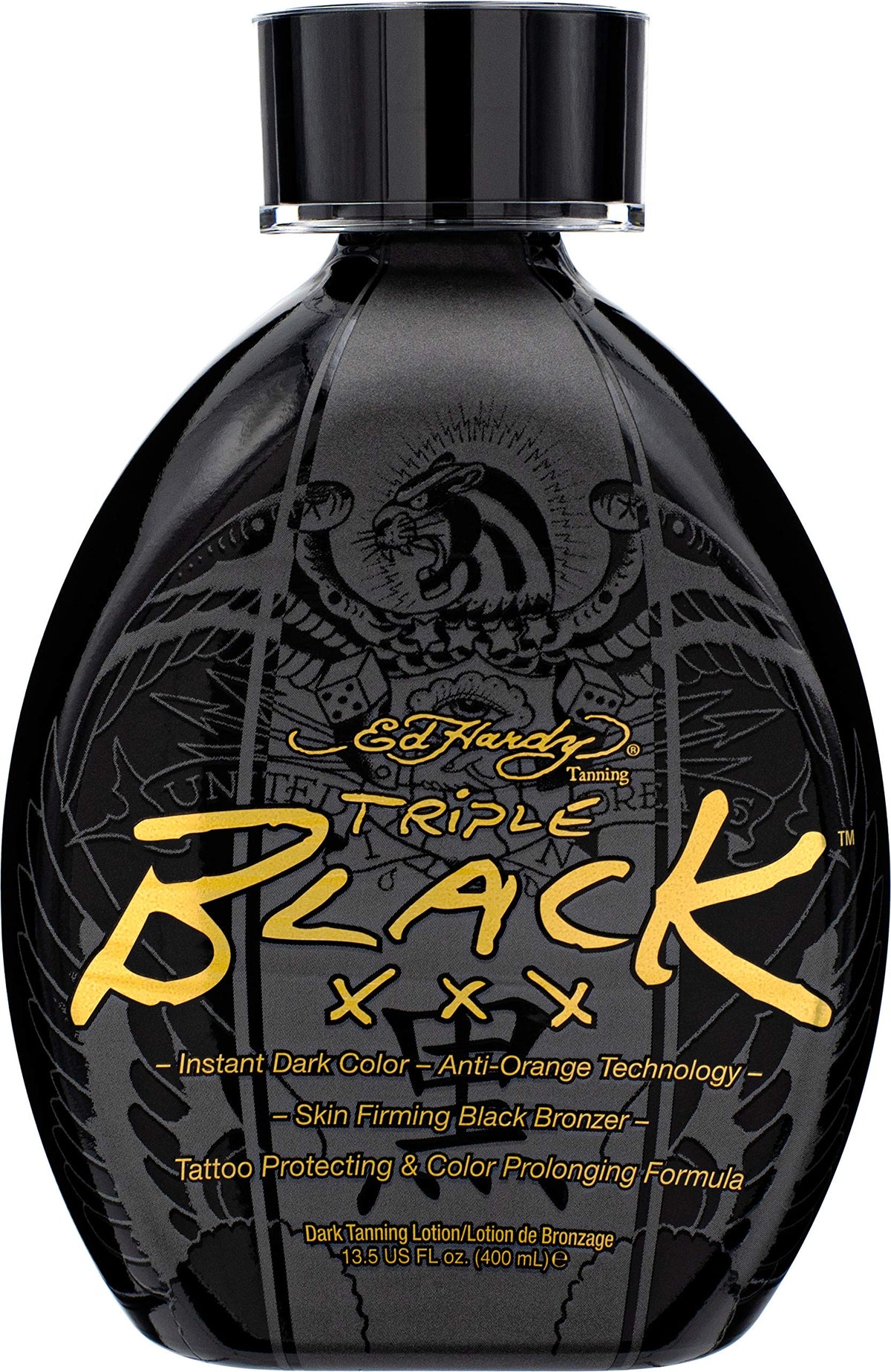 ED HARDY Black XXX tanning lotion bottle front showing deep, even color