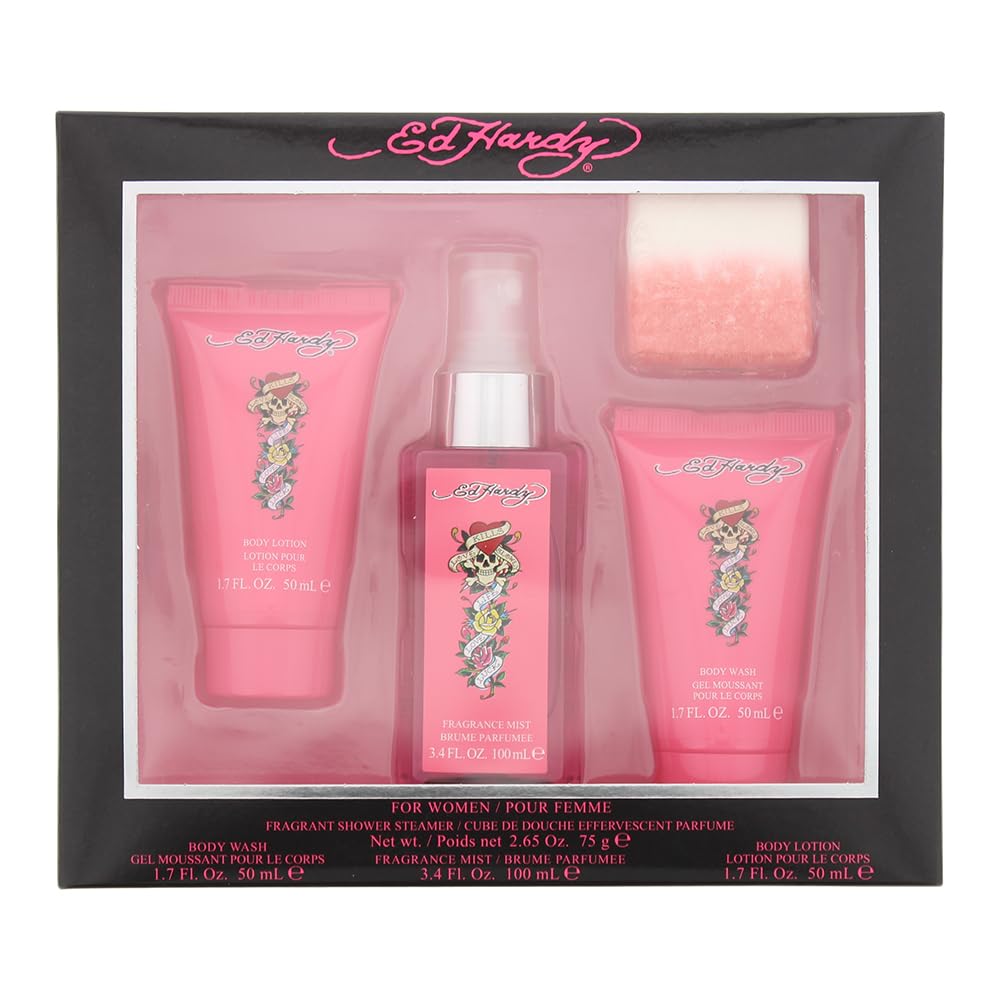 ED HARDY gift set body mist bottle with a long lasting floral scent.