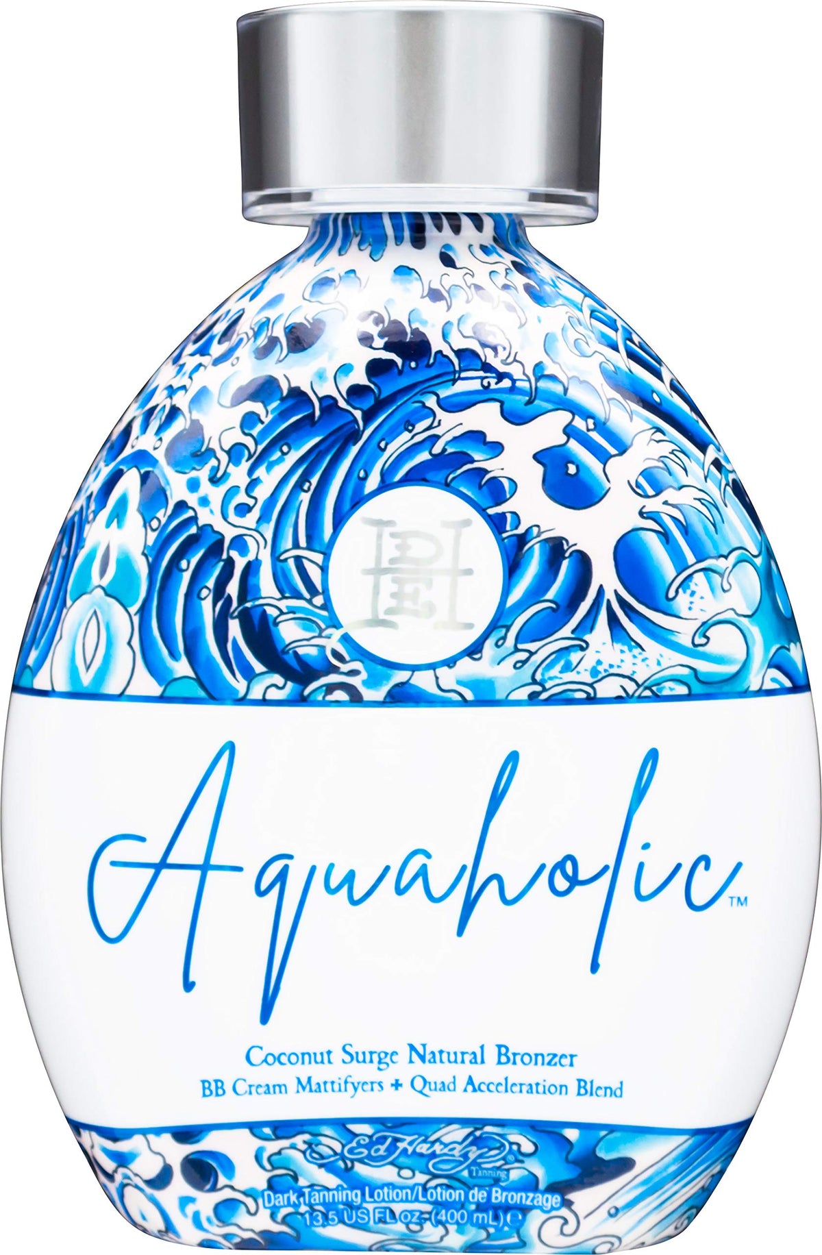 Ed Hardy Tanning Aquaholic Coconut Surge bottle highlights hydrating bronzer for radiant skin.
