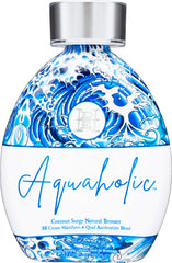 Ed Hardy Tanning Aquaholic Coconut Surge bottle highlights hydrating bronzer for radiant skin.