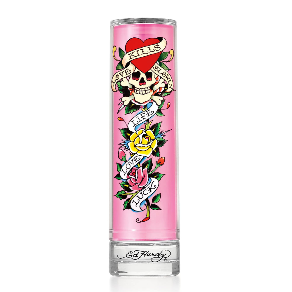 Ed Hardy women's perfume top-notes mango and rose on a sleek bottle.