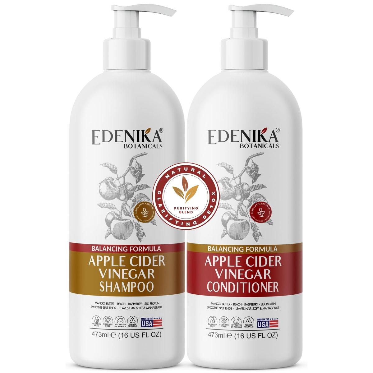 EDENIKA BOTANICALS ACV shampoo bottle offering a clarifying cleanse for scalp and hair shine.