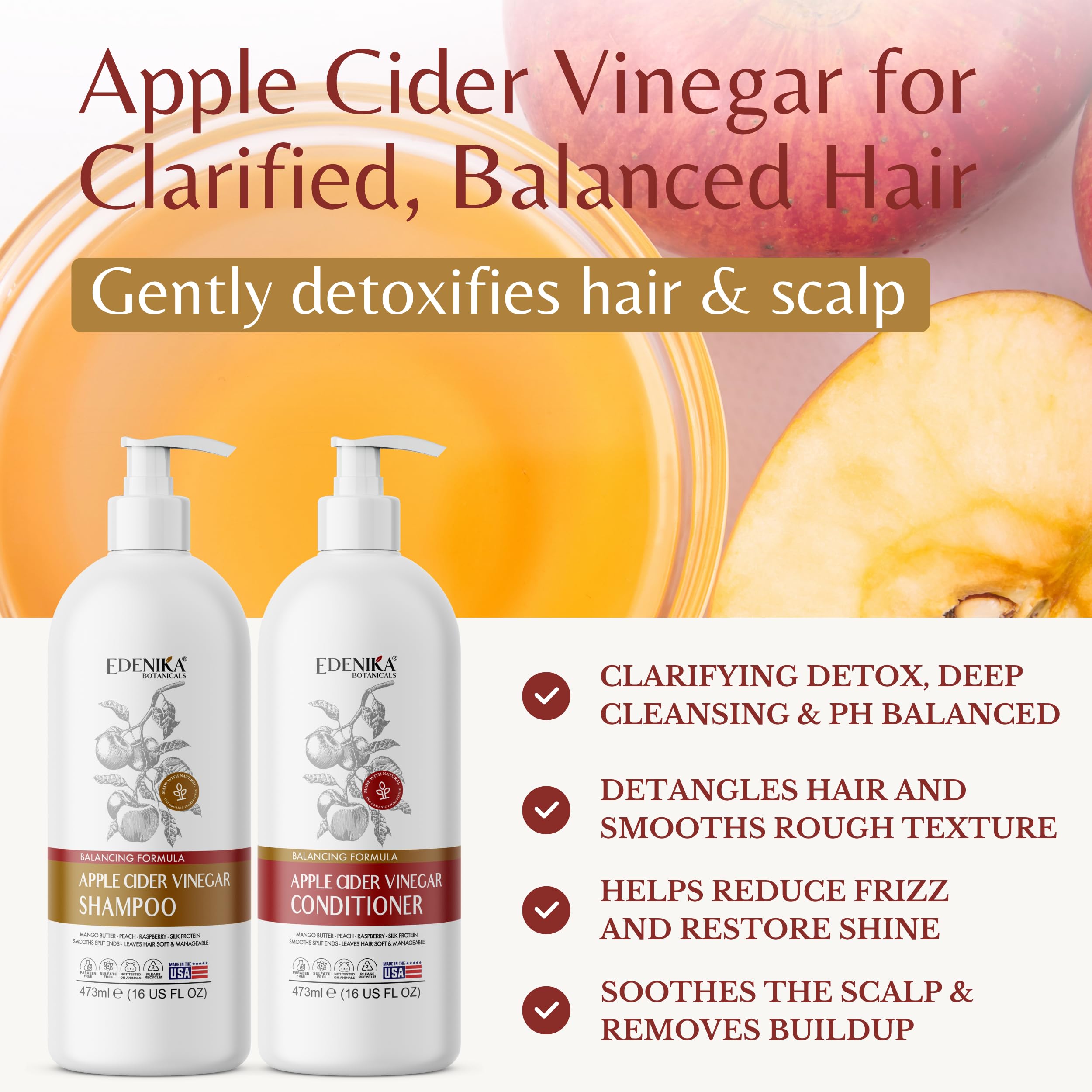 EDENIKA BOTANICALS ACV shampoo lather showing detoxifying action for buildup-free scalp.