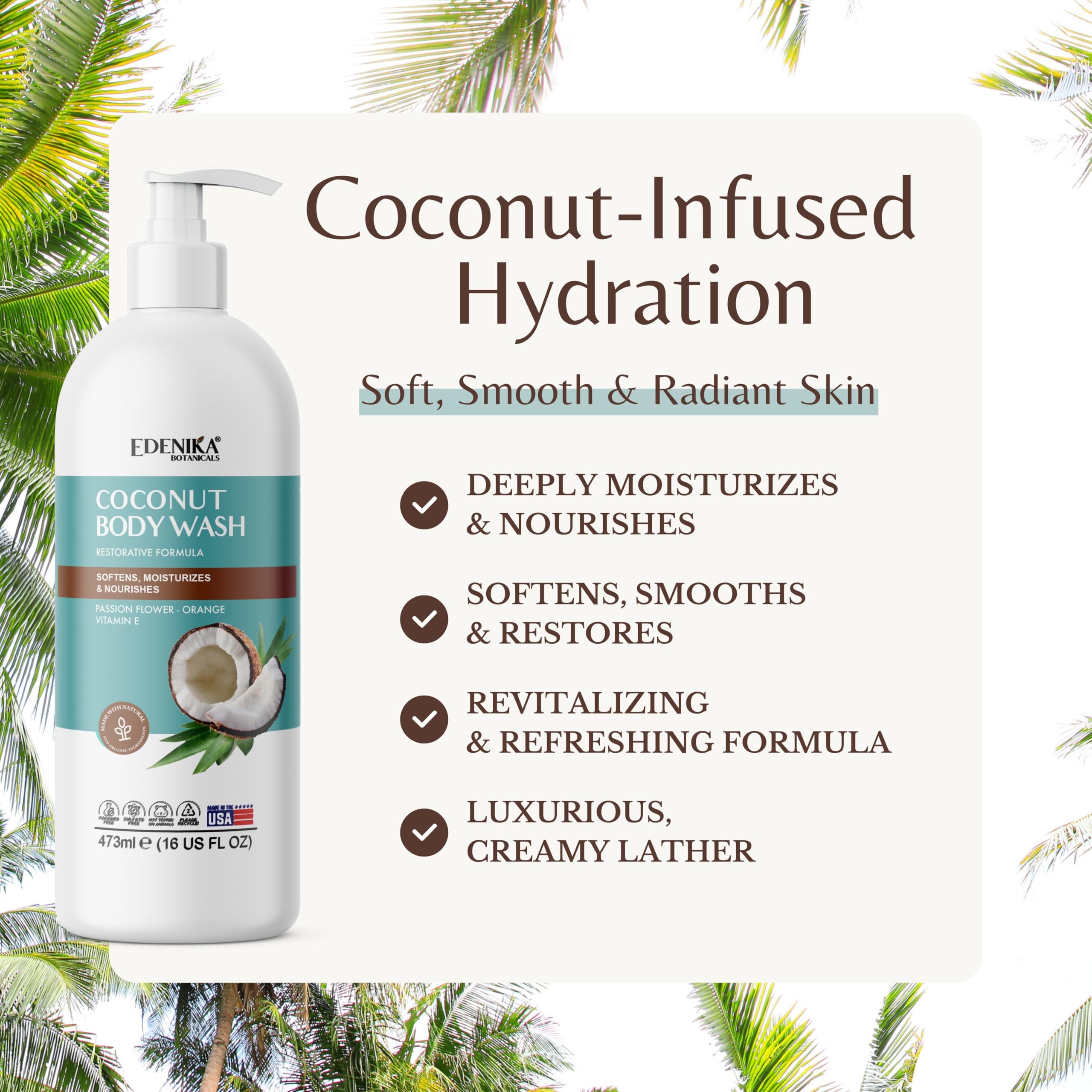 EDENIKA BOTANICALS Coconut Body Wash label closeup emphasizes organic ingredients and gentle cleansing