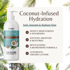 EDENIKA BOTANICALS Coconut Body Wash label closeup emphasizes organic ingredients and gentle cleansing