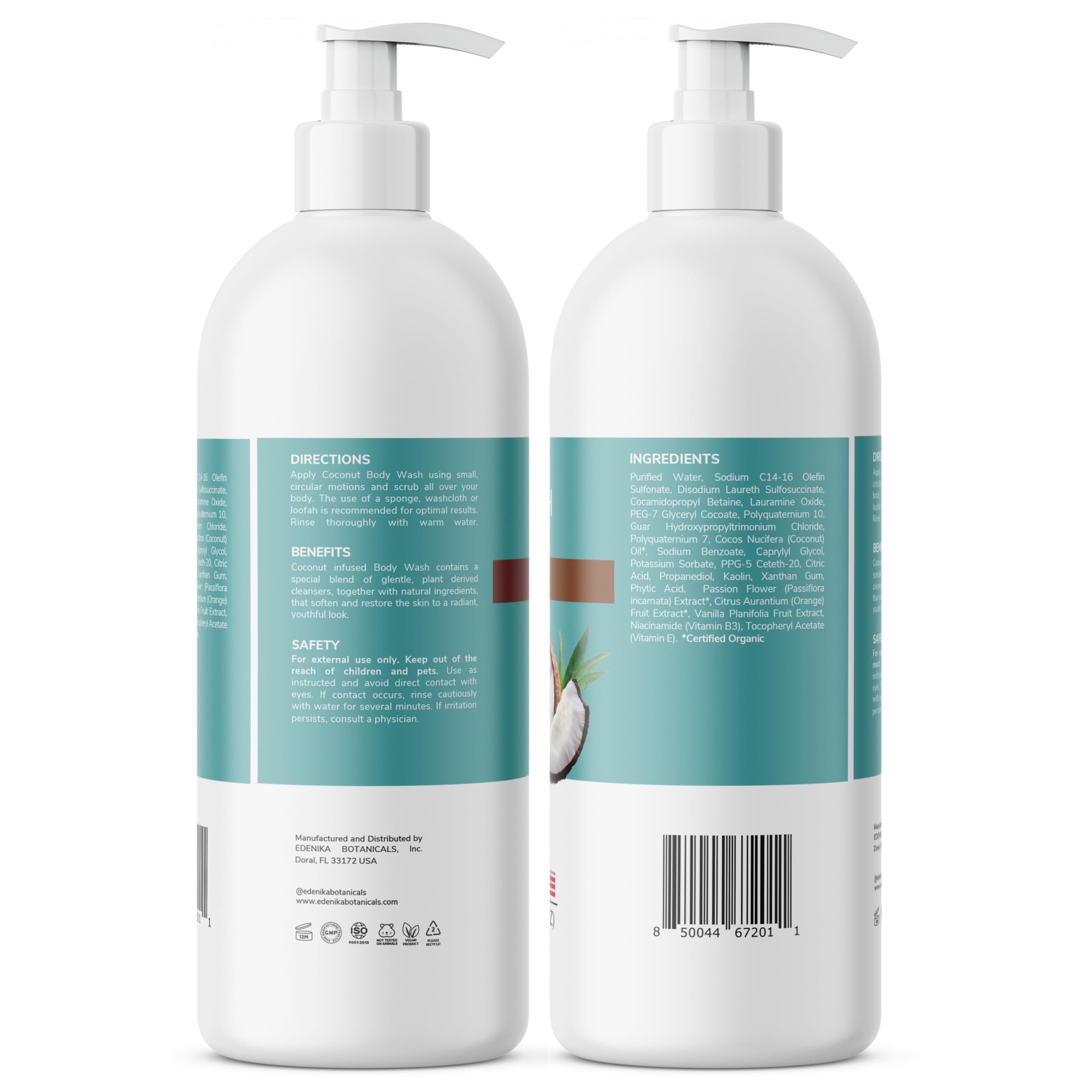 EDENIKA BOTANICALS Coconut Body Wash ingredients closeup showing coconut oil and botanicals
