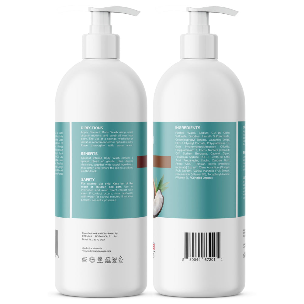 EDENIKA BOTANICALS Coconut Body Wash ingredients closeup showing coconut oil and botanicals