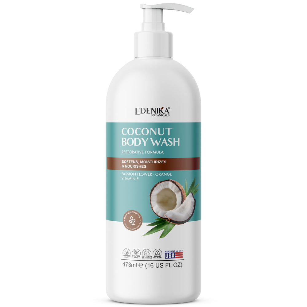 EDENIKA BOTANICALS Coconut Body Wash bottle and texture on skin for soft, hydrated feel