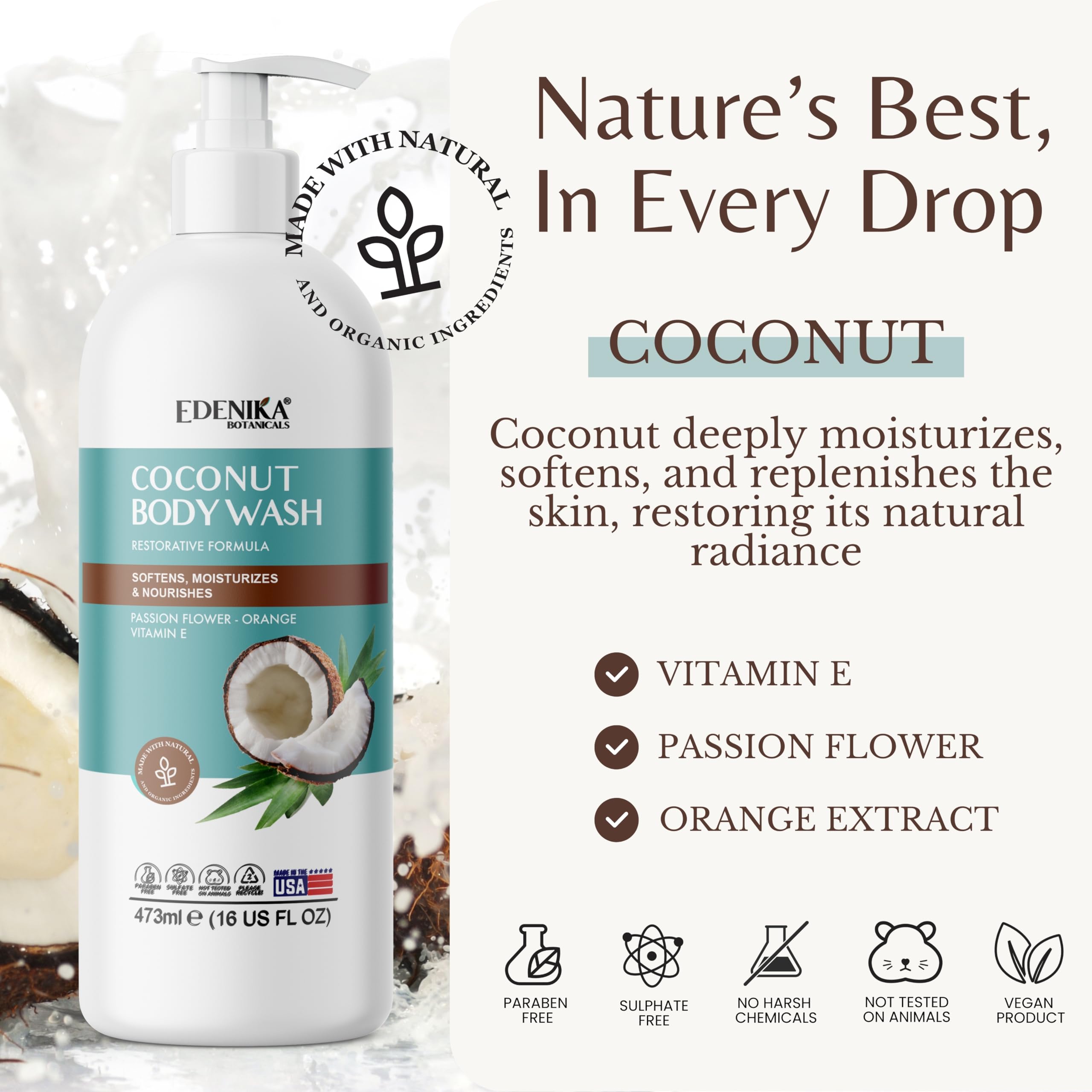 EDENIKA BOTANICALS Coconut Body Wash splash captures refreshing coconut-citrus scent