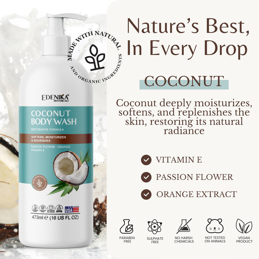 EDENIKA BOTANICALS Coconut Body Wash splash captures refreshing coconut-citrus scent