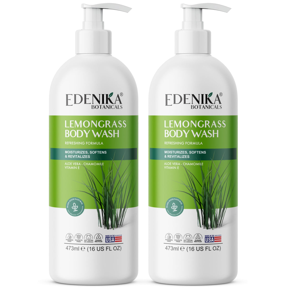 EDENIKA BOTANICALS Lemongrass body wash bottle front, refreshing citrus scent.