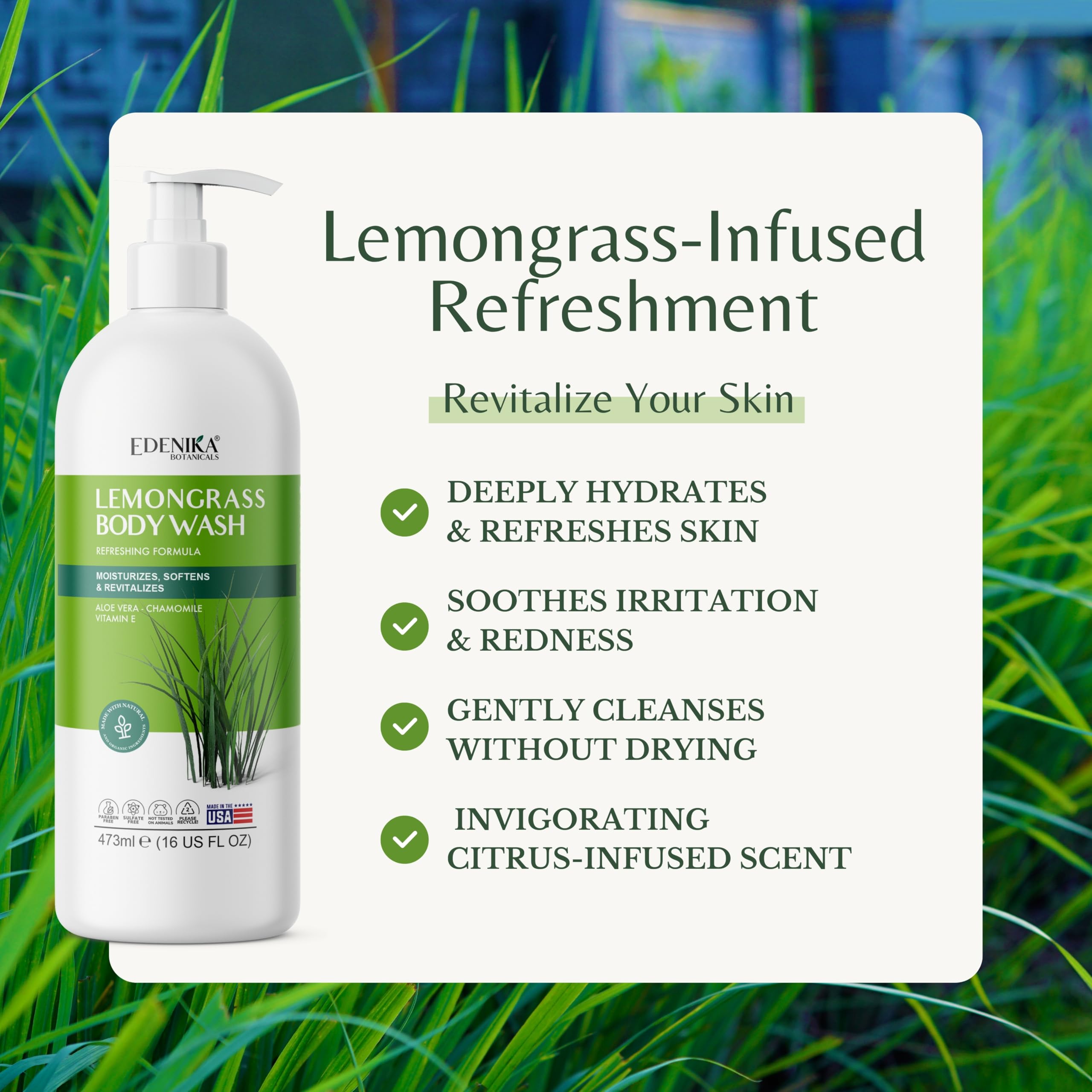 EDENIKA BOTANICALS Lemongrass ingredients vial hints at Aloe Vera and Vitamin E.