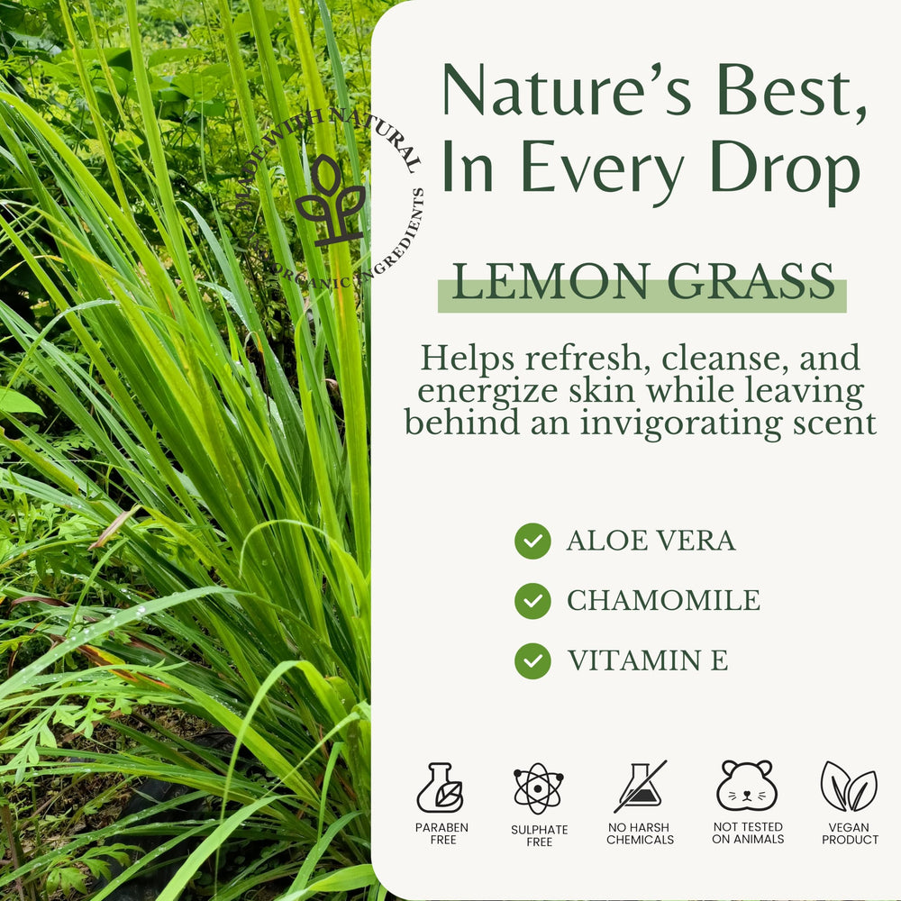 EDENIKA BOTANICALS Lemongrass pump bottle for easy daily cleansing.