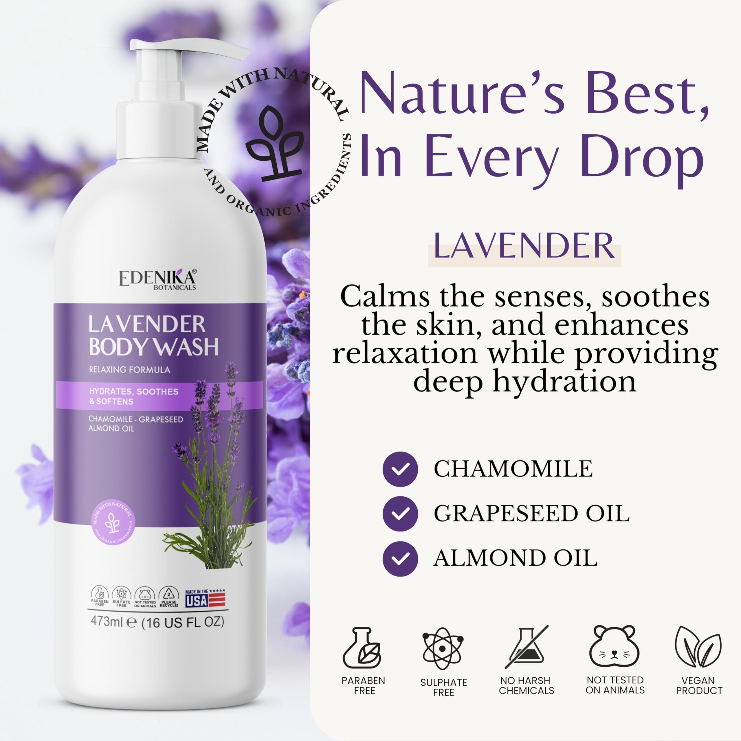Edenika Lavender Body Wash grapeseed oil shot emphasizes hydration for dry skin.