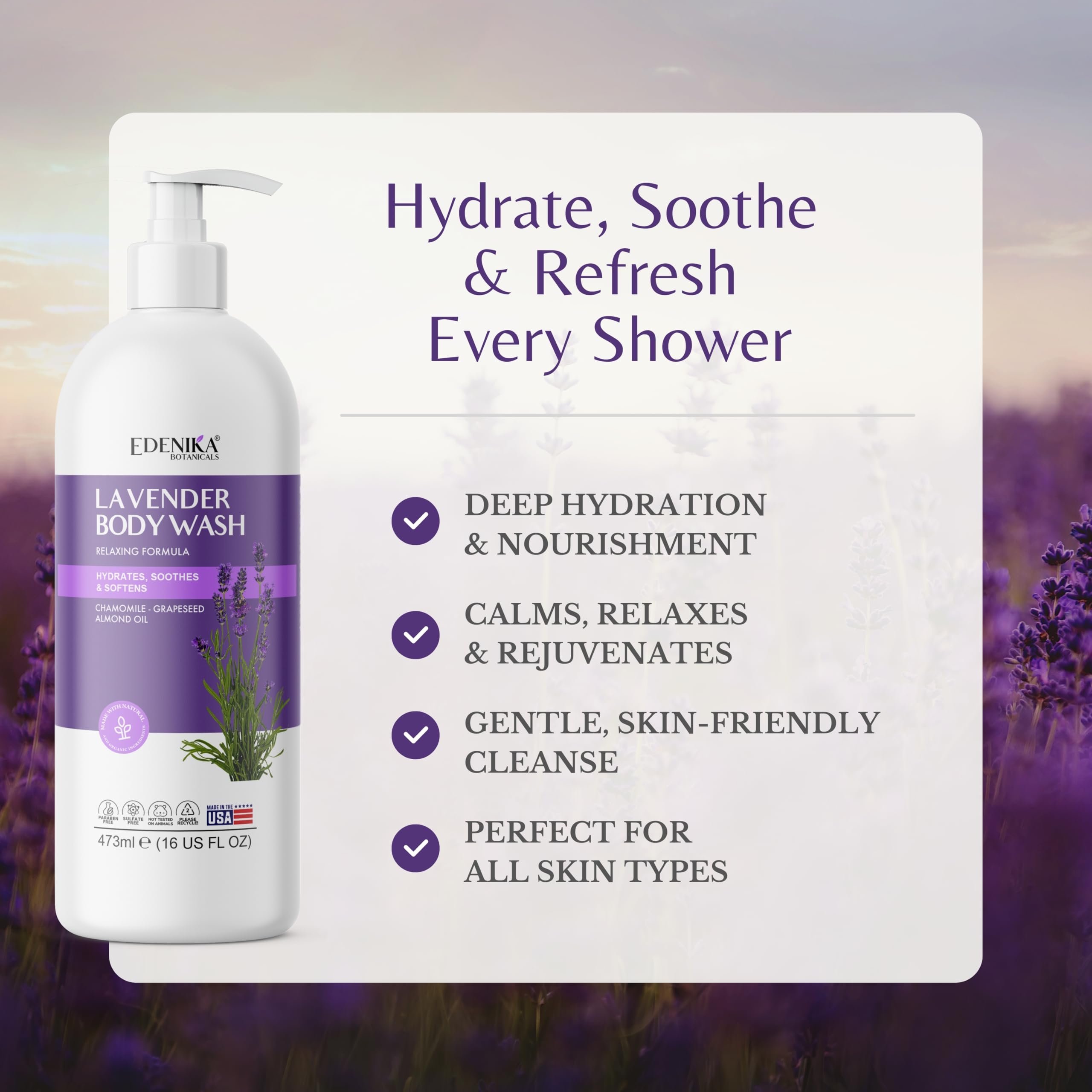Edenika Lavender Body Wash chamomile oil close-up highlights nourishing blend.