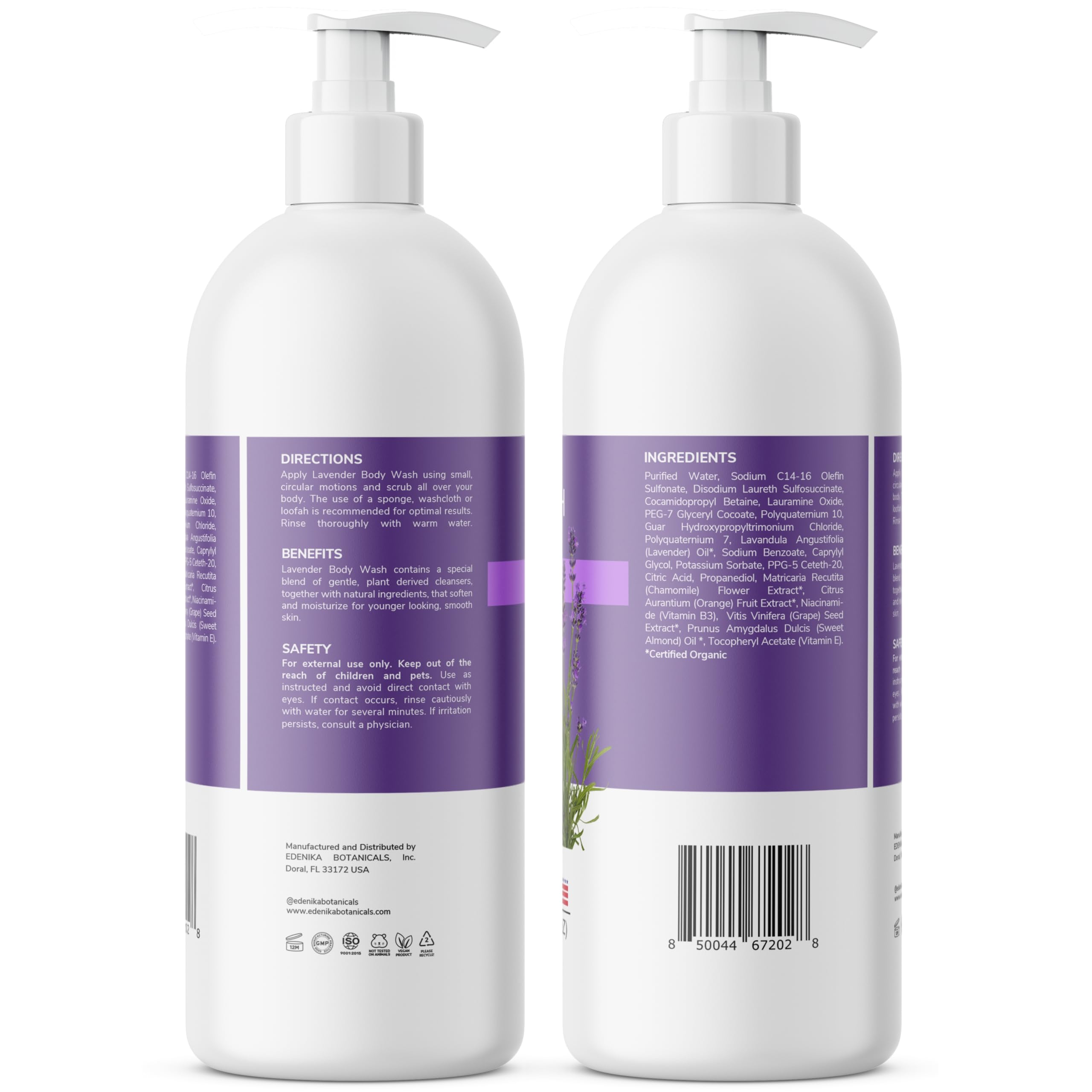 Edenika Lavender Body Wash organic label communicates vegan, chemical-free formulation.