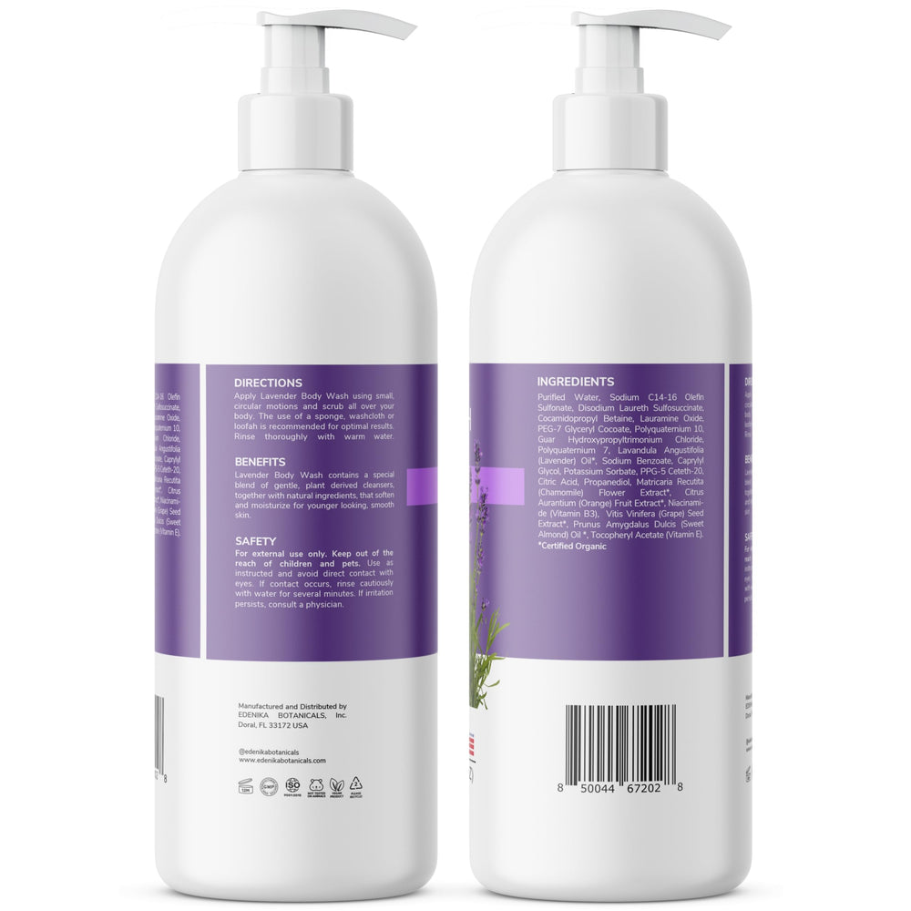 Edenika Lavender Body Wash organic label communicates vegan, chemical-free formulation.