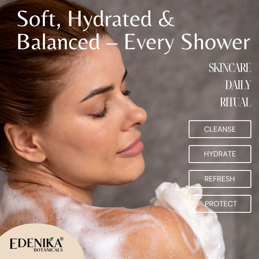 Edenika Lavender Body Wash spa scene evokes relaxation during shower ritual.