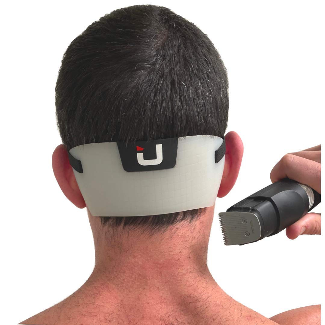 EdgUp necklines stencil in use delivers precise neckline cleanup for a polished home haircut