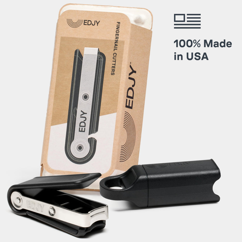EDJY fingernail cutter collection compartment keeps nails and work area neat.