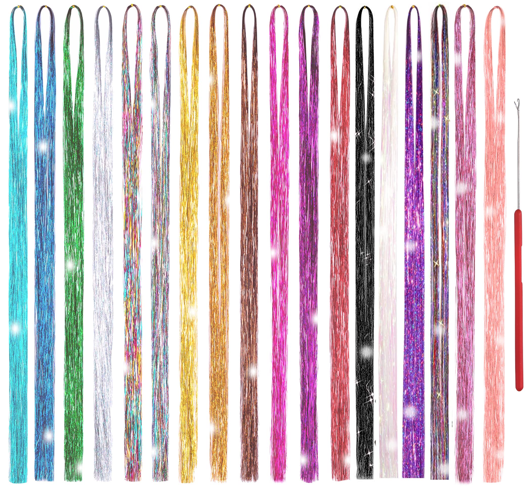 Edoneery Hair Tinsel Kit with 18 colors showcases vibrant color options for party-ready strands.