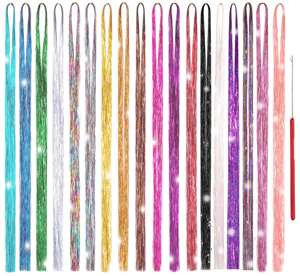 Edoneery Hair Tinsel Kit with 18 colors showcases vibrant color options for party-ready strands.